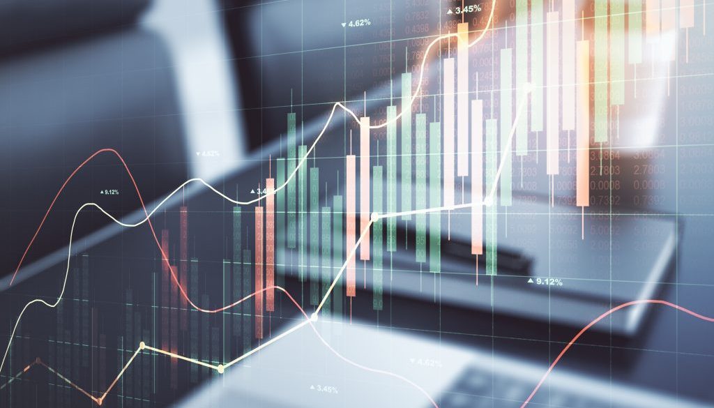 Multi exposure of abstract financial graph on laptop background, financial and trading concept